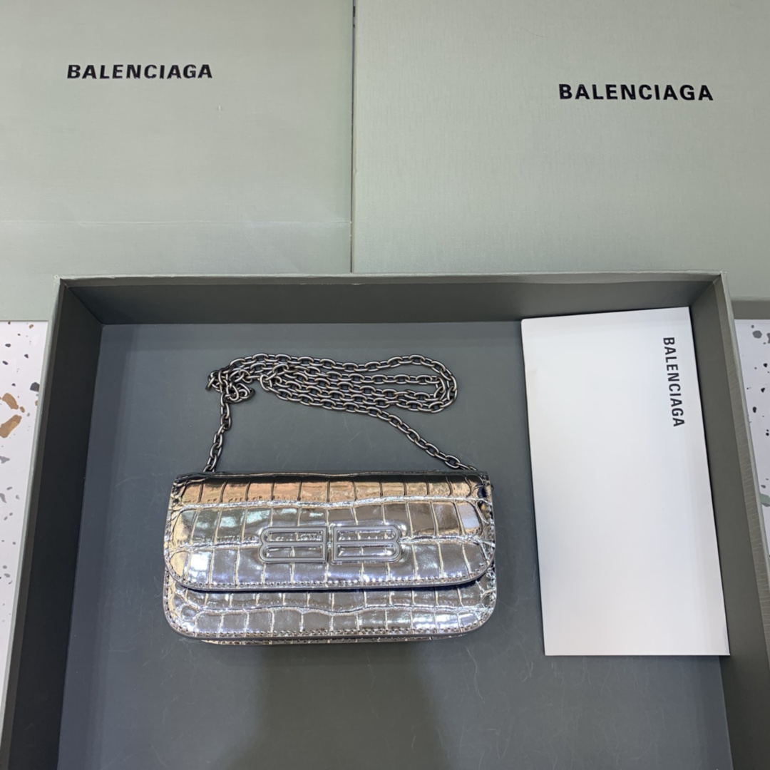 Balenciaga Gossip Wallet on chain Crocodile Embossed Calfskin Shouler Bag Silver